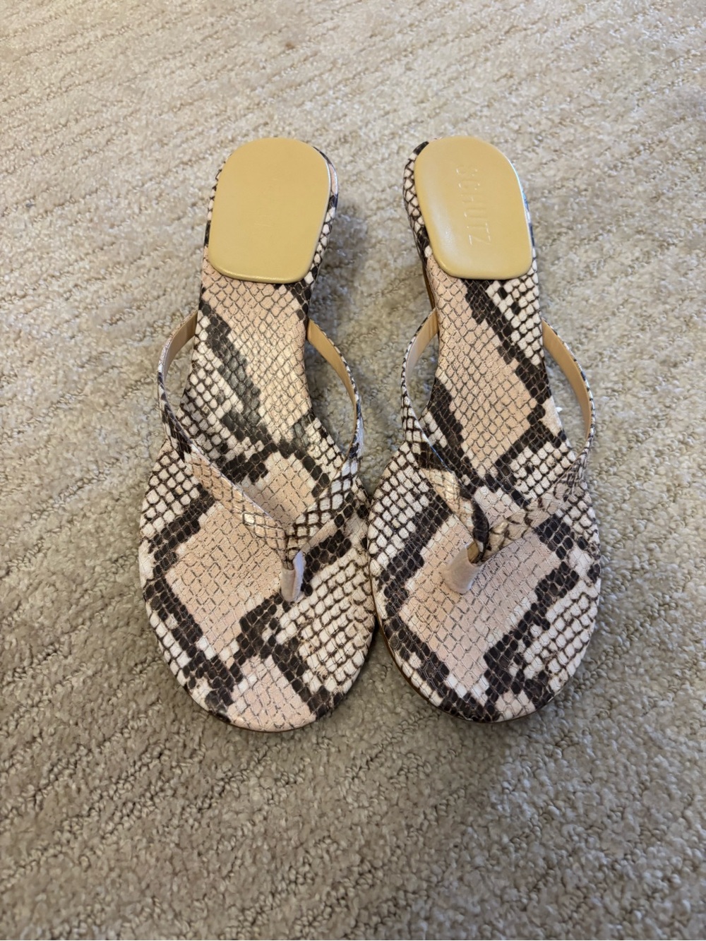 SCHUTZ Snake-Print Thong Sandals in Beige and Black
